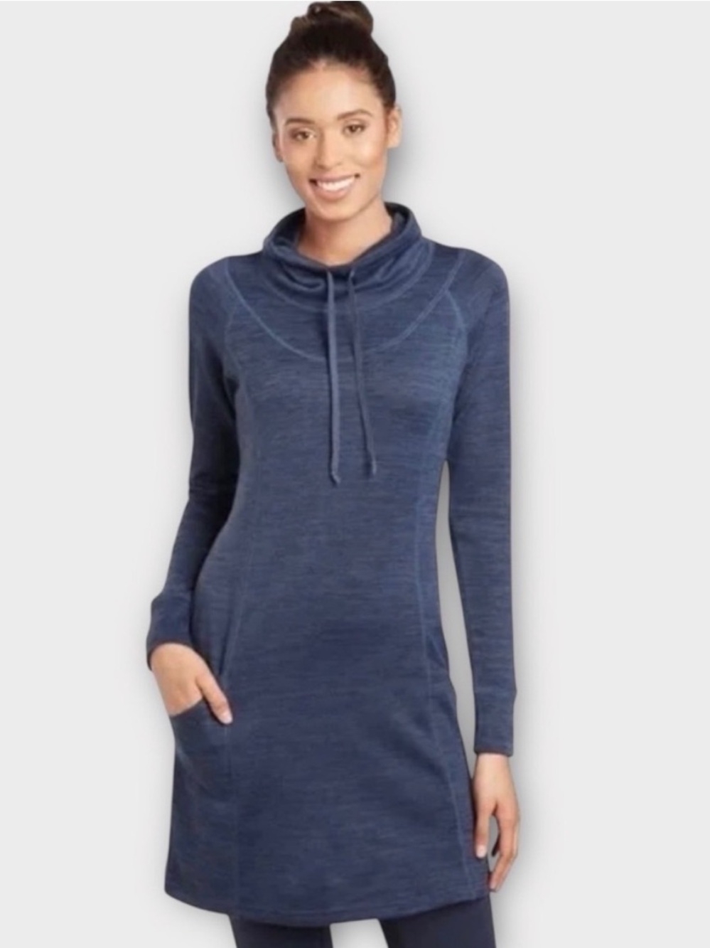 Kuhl Lea Cowl Neck Dress Blue Sz M w MEASUREMENTS Pockets, Logo, Thumbholes